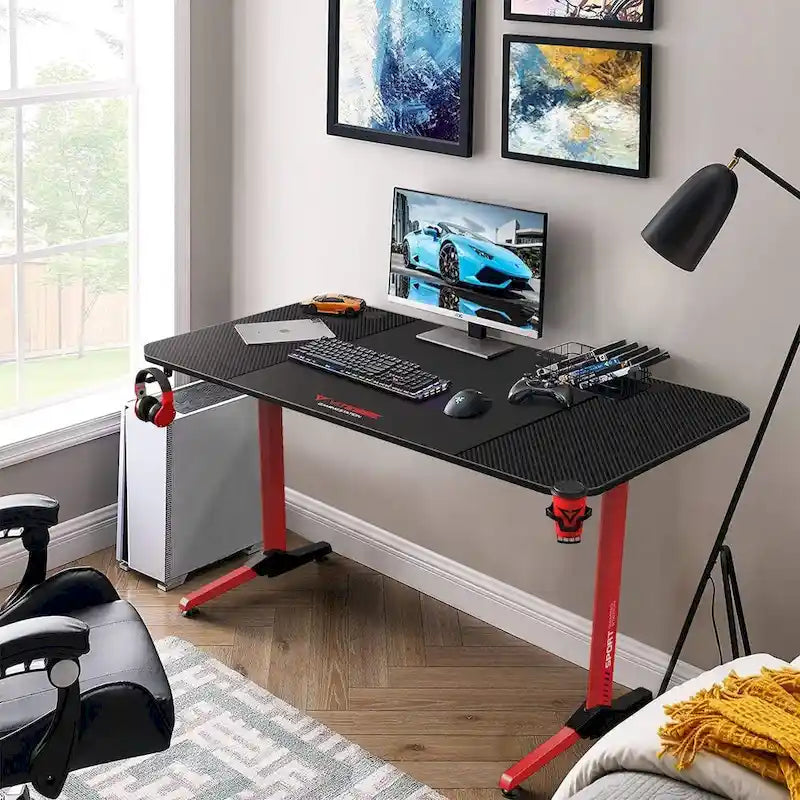 Bureau de jeu ergonomique BOSSIN en forme de T avec tapis de souris pleine surface, support de manette, porte-gobelet et crochet pour casque