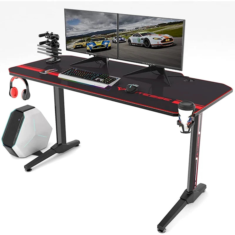 Bureau de jeu ergonomique BOSSIN en forme de T avec tapis de souris pleine surface, support de manette, porte-gobelet et crochet pour casque