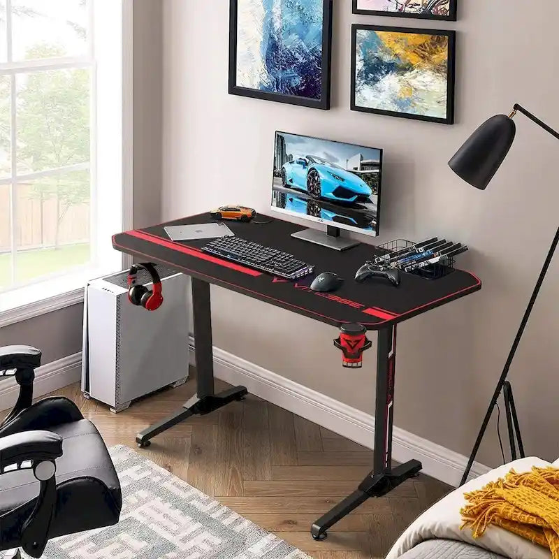 Bureau de jeu ergonomique BOSSIN en forme de T avec tapis de souris pleine surface, support de manette, porte-gobelet et crochet pour casque