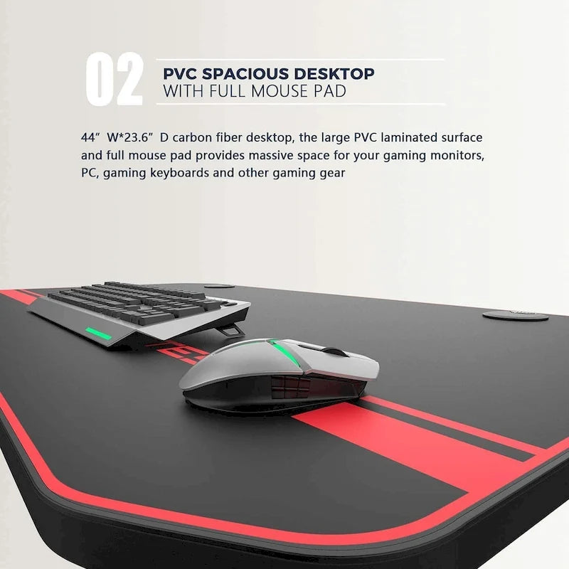 Bureau de jeu ergonomique BOSSIN en forme de T avec tapis de souris pleine surface, support de manette, porte-gobelet et crochet pour casque
