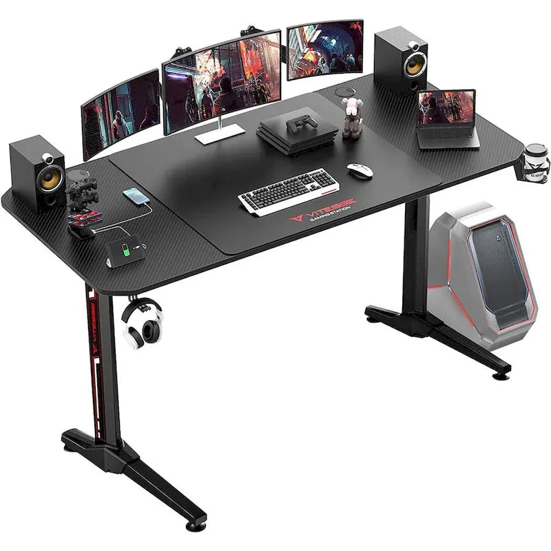 Bureau de jeu ergonomique BOSSIN en forme de T avec tapis de souris pleine surface, support de manette, porte-gobelet et crochet pour casque