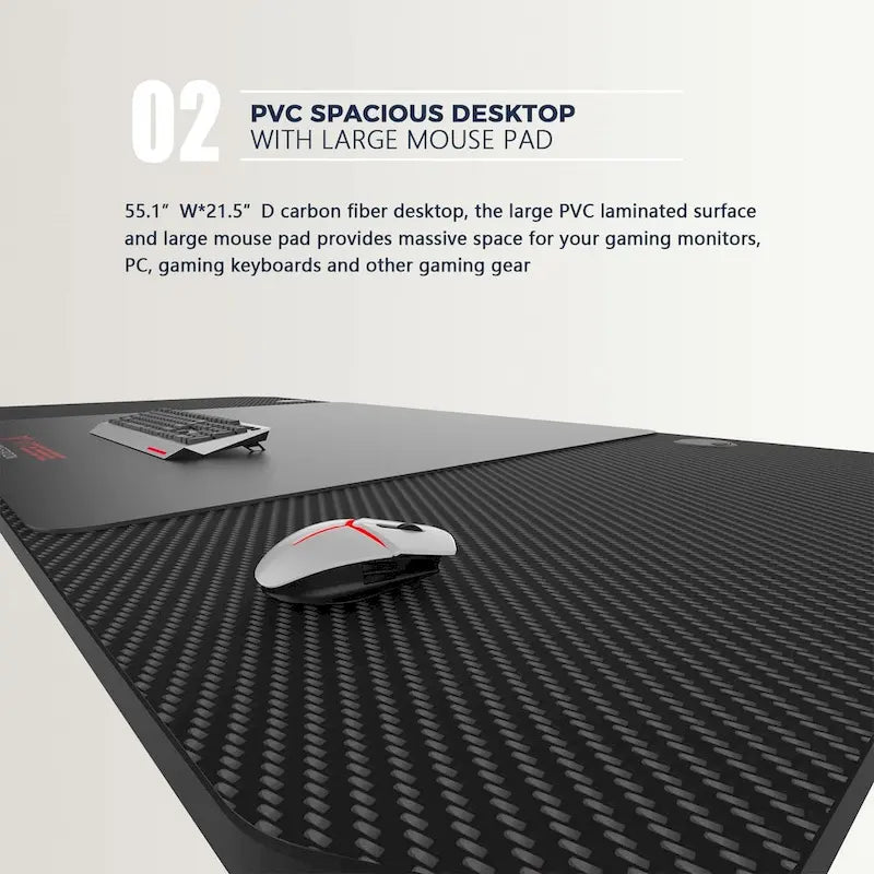 Bureau de jeu ergonomique BOSSIN en forme de T avec tapis de souris pleine surface, support de manette, porte-gobelet et crochet pour casque