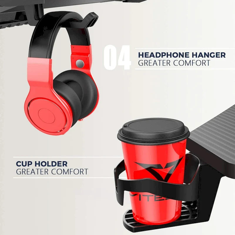 Bureau de jeu ergonomique BOSSIN en forme de T avec tapis de souris pleine surface, support de manette, porte-gobelet et crochet pour casque
