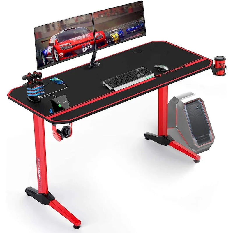 Bureau de jeu ergonomique BOSSIN en forme de T avec tapis de souris pleine surface, support de manette, porte-gobelet et crochet pour casque