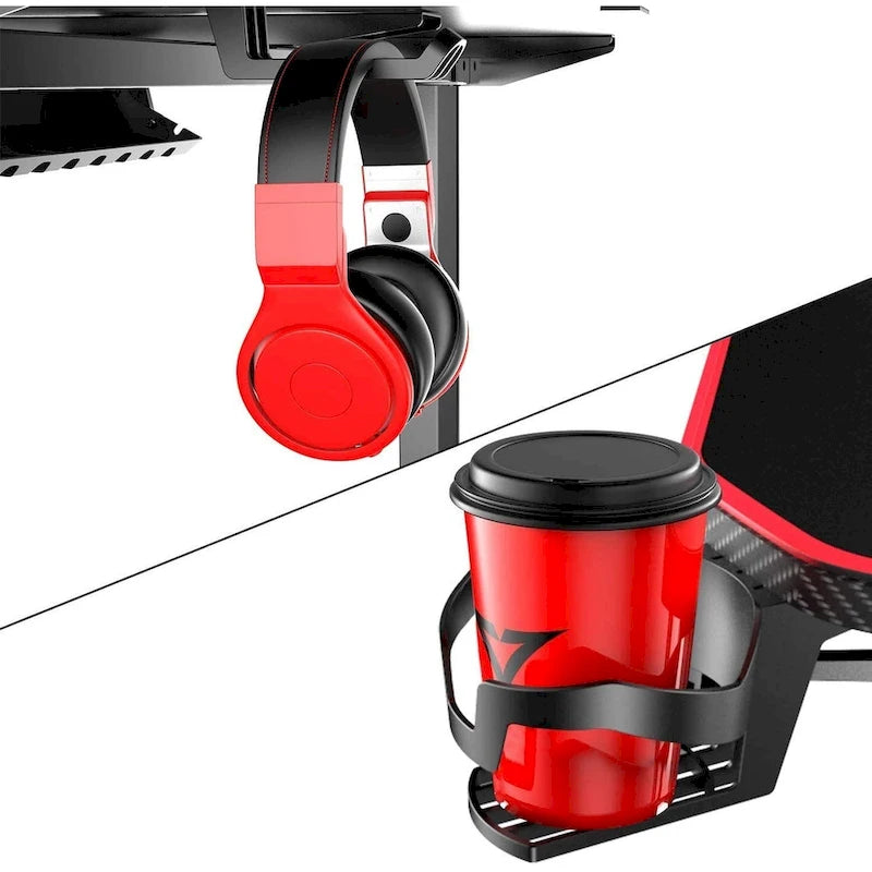 Bureau de jeu ergonomique BOSSIN en forme de T avec tapis de souris pleine surface, support de manette, porte-gobelet et crochet pour casque