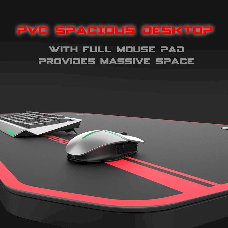 Bureau de jeu ergonomique BOSSIN en forme de T avec tapis de souris pleine surface, support de manette, porte-gobelet et crochet pour casque