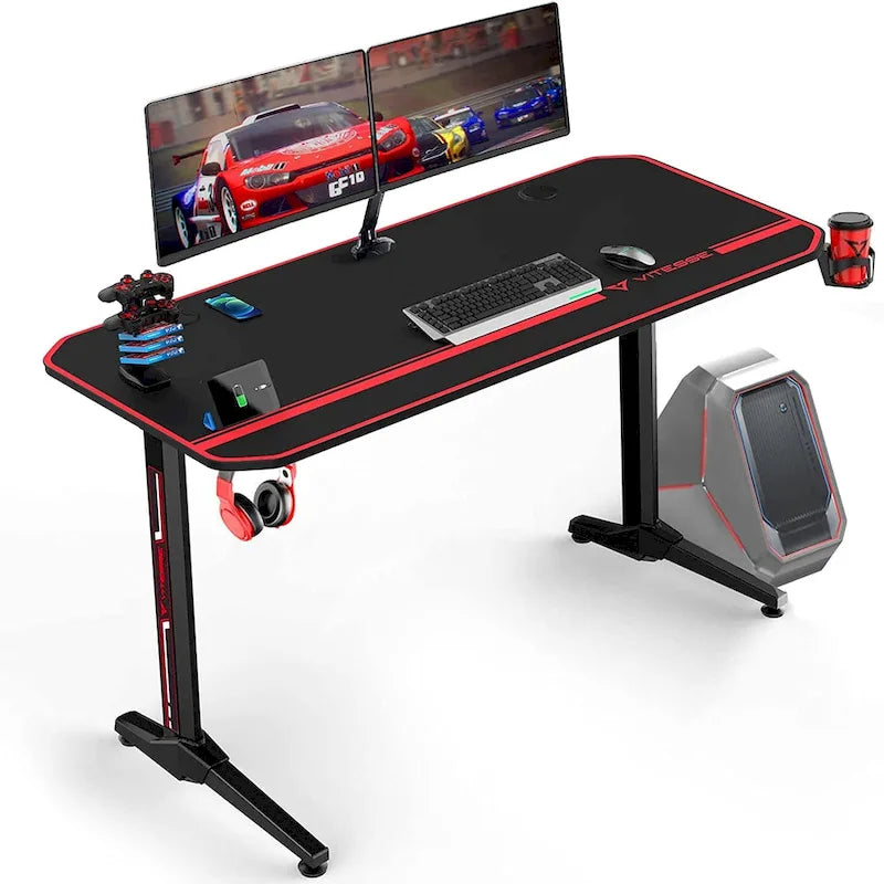 Bureau de jeu ergonomique BOSSIN en forme de T avec tapis de souris pleine surface, support de manette, porte-gobelet et crochet pour casque