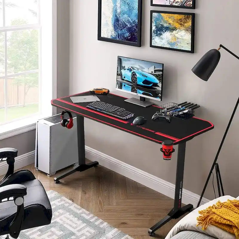 Bureau de jeu ergonomique BOSSIN en forme de T avec tapis de souris pleine surface, support de manette, porte-gobelet et crochet pour casque