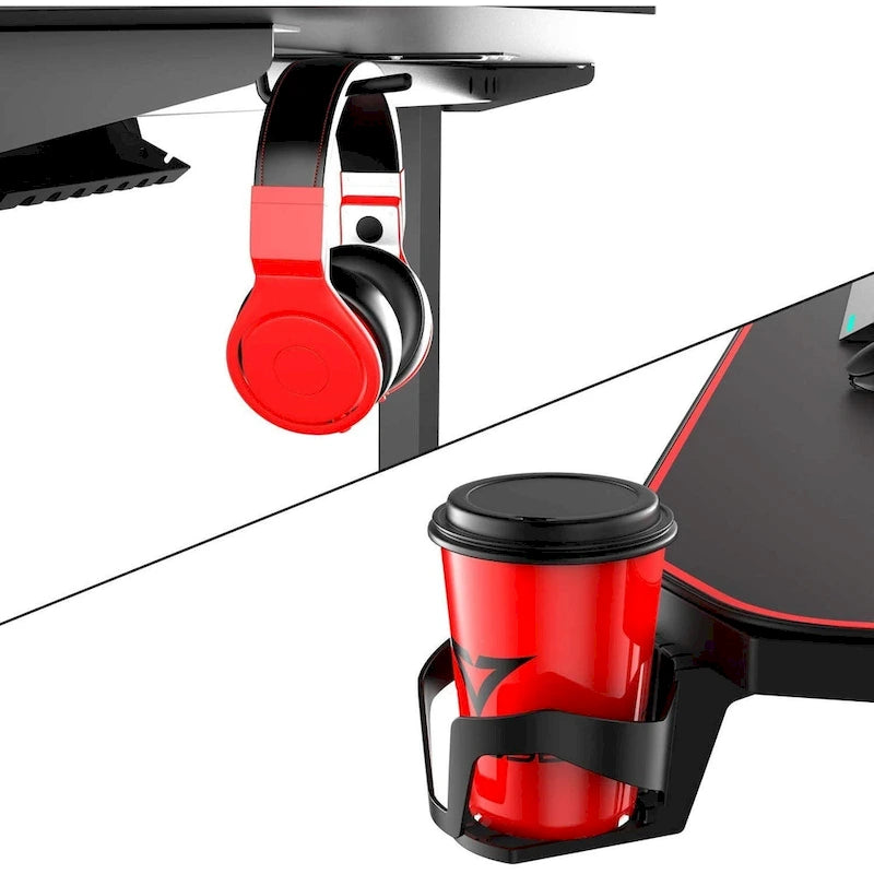 Bureau de jeu ergonomique BOSSIN en forme de T avec tapis de souris pleine surface, support de manette, porte-gobelet et crochet pour casque
