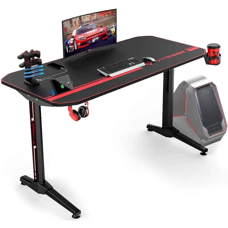 Bureau de jeu ergonomique BOSSIN en forme de T avec tapis de souris pleine surface, support de manette, porte-gobelet et crochet pour casque