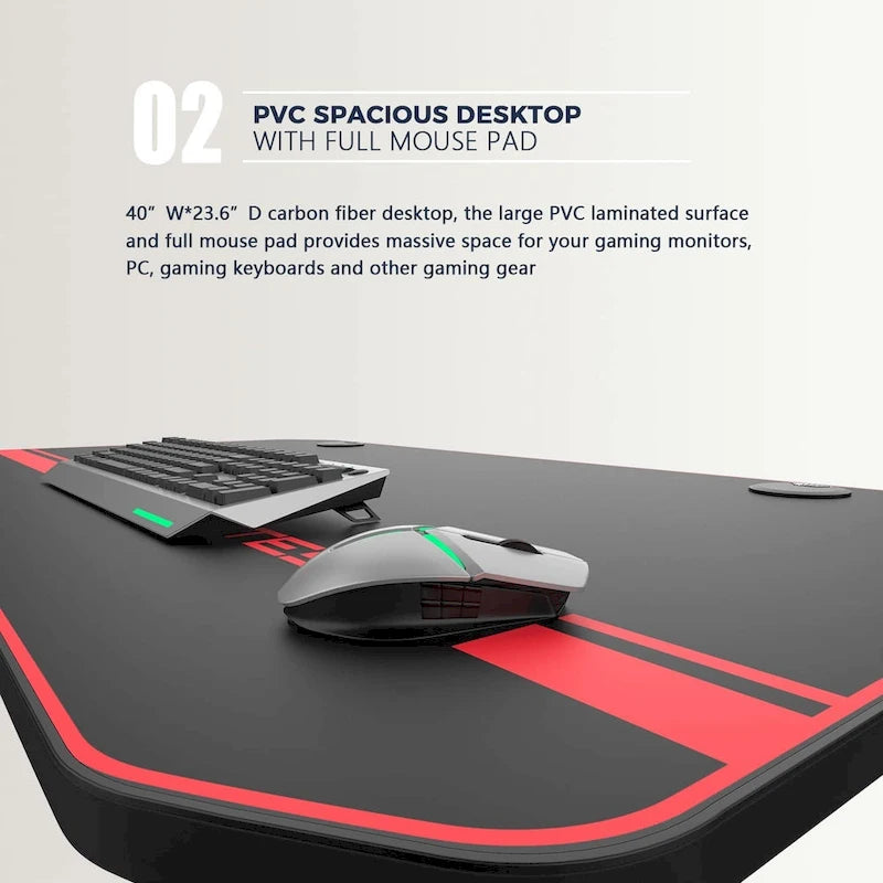 Bureau de jeu ergonomique BOSSIN en forme de T avec tapis de souris pleine surface, support de manette, porte-gobelet et crochet pour casque