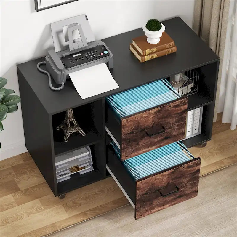 Meuble de rangement de bureau moderne noir/blanc avec 2 tiroirs et 4 étagères ouvertes en bois