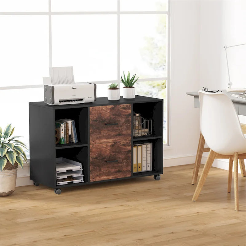 Meuble de rangement de bureau moderne noir/blanc avec 2 tiroirs et 4 étagères ouvertes en bois