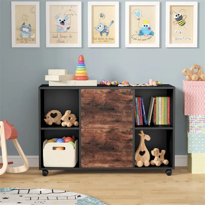 Meuble de rangement de bureau moderne noir/blanc avec 2 tiroirs et 4 étagères ouvertes en bois