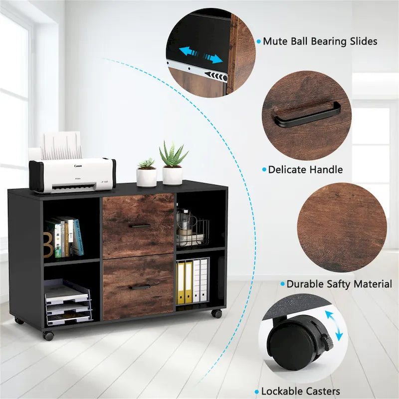 Meuble de rangement de bureau moderne noir/blanc avec 2 tiroirs et 4 étagères ouvertes en bois