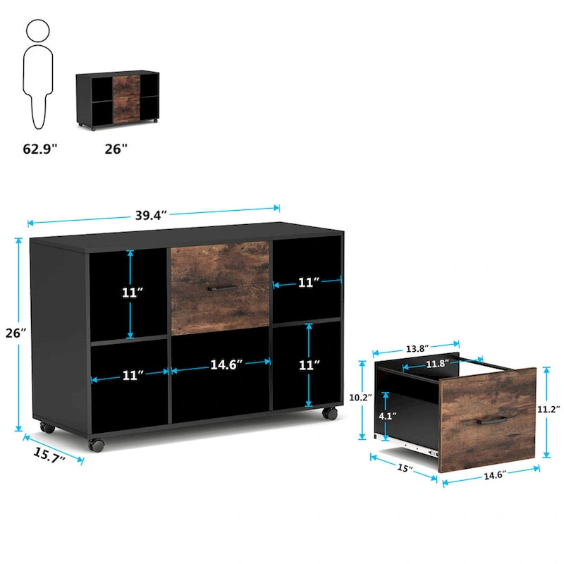 Meuble de rangement de bureau moderne noir/blanc avec 2 tiroirs et 4 étagères ouvertes en bois