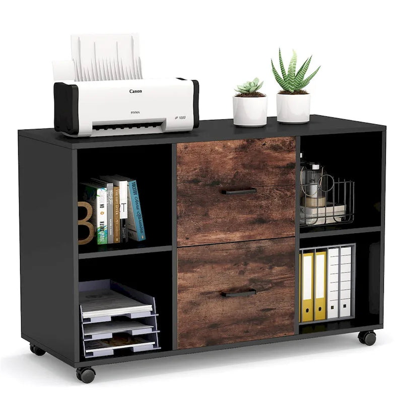 Meuble de rangement de bureau moderne noir/blanc avec 2 tiroirs et 4 étagères ouvertes en bois