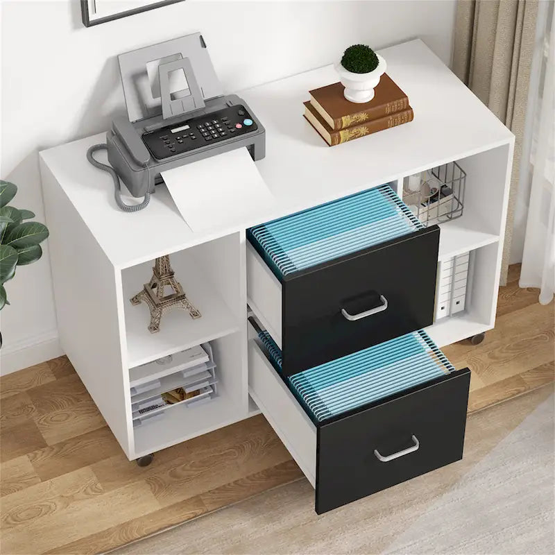 Meuble de rangement de bureau moderne noir/blanc avec 2 tiroirs et 4 étagères ouvertes en bois