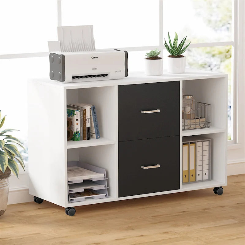 Meuble de rangement de bureau moderne noir/blanc avec 2 tiroirs et 4 étagères ouvertes en bois