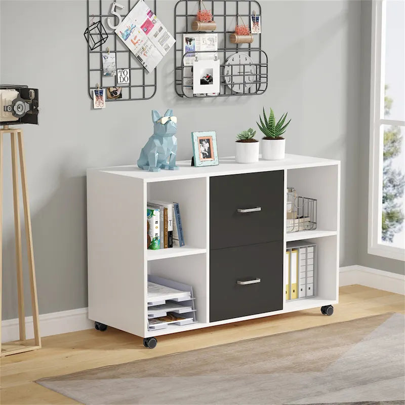 Meuble de rangement de bureau moderne noir/blanc avec 2 tiroirs et 4 étagères ouvertes en bois