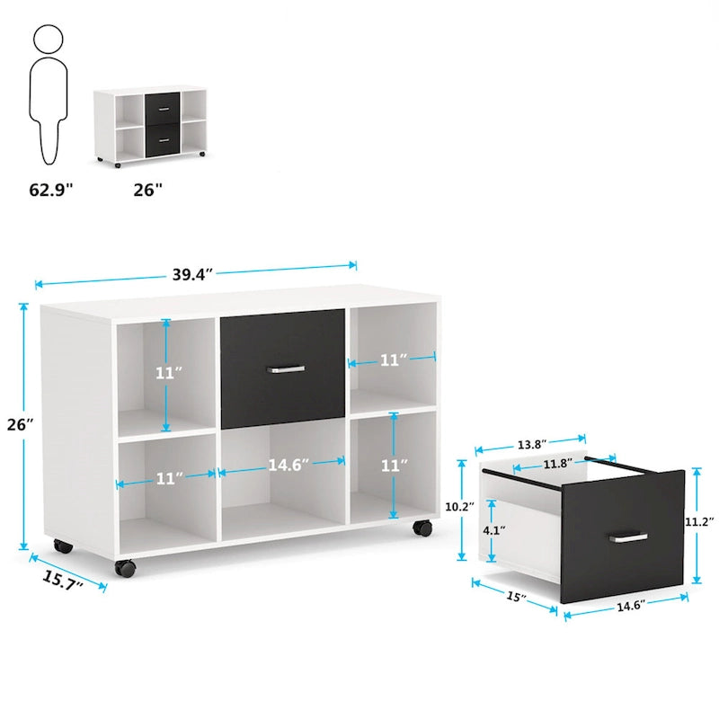 Meuble de rangement de bureau moderne noir/blanc avec 2 tiroirs et 4 étagères ouvertes en bois