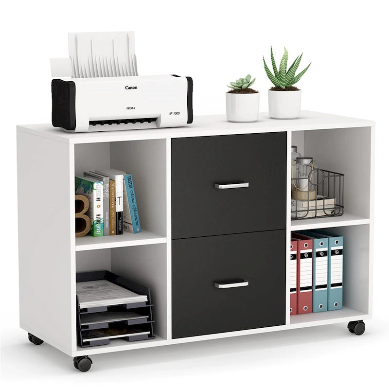 Meuble de rangement de bureau moderne noir/blanc avec 2 tiroirs et 4 étagères ouvertes en bois