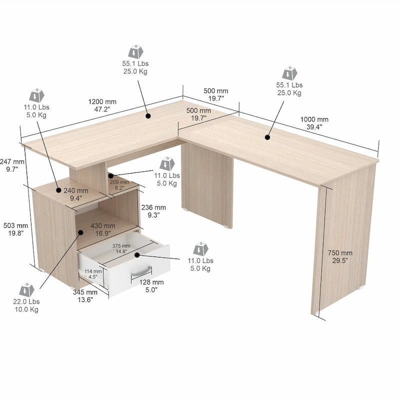 Bureau d'ordinateur d'angle Inval Merlin avec compartiment de rangement