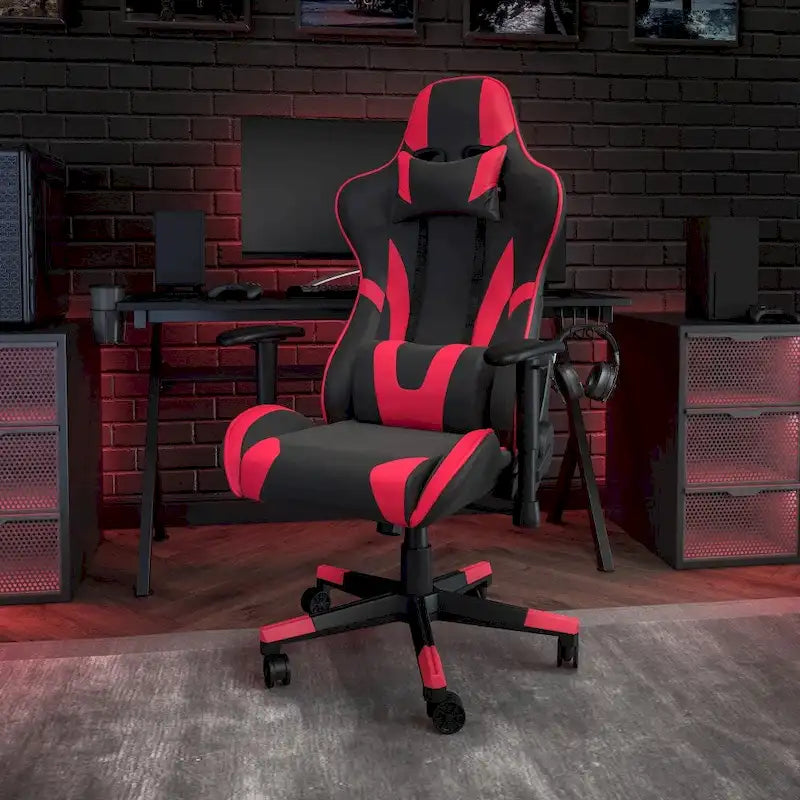 Chaise de jeu ergonomique de course avec dossier entièrement inclinable en similicuir rouge