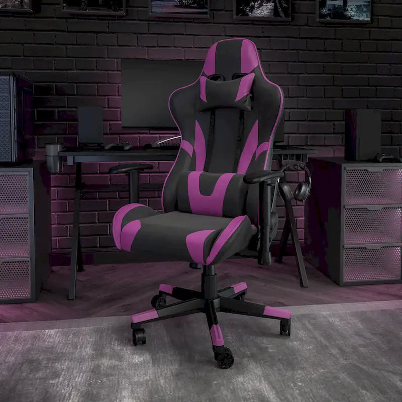 Chaise de jeu ergonomique de course avec dossier entièrement inclinable en similicuir rouge