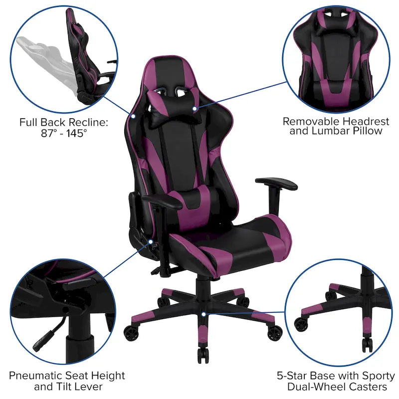 Chaise de jeu ergonomique de course avec dossier entièrement inclinable en similicuir rouge