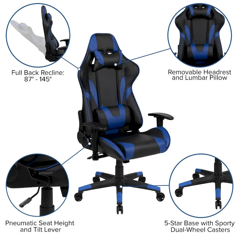 Chaise de jeu ergonomique de course avec dossier entièrement inclinable en similicuir rouge