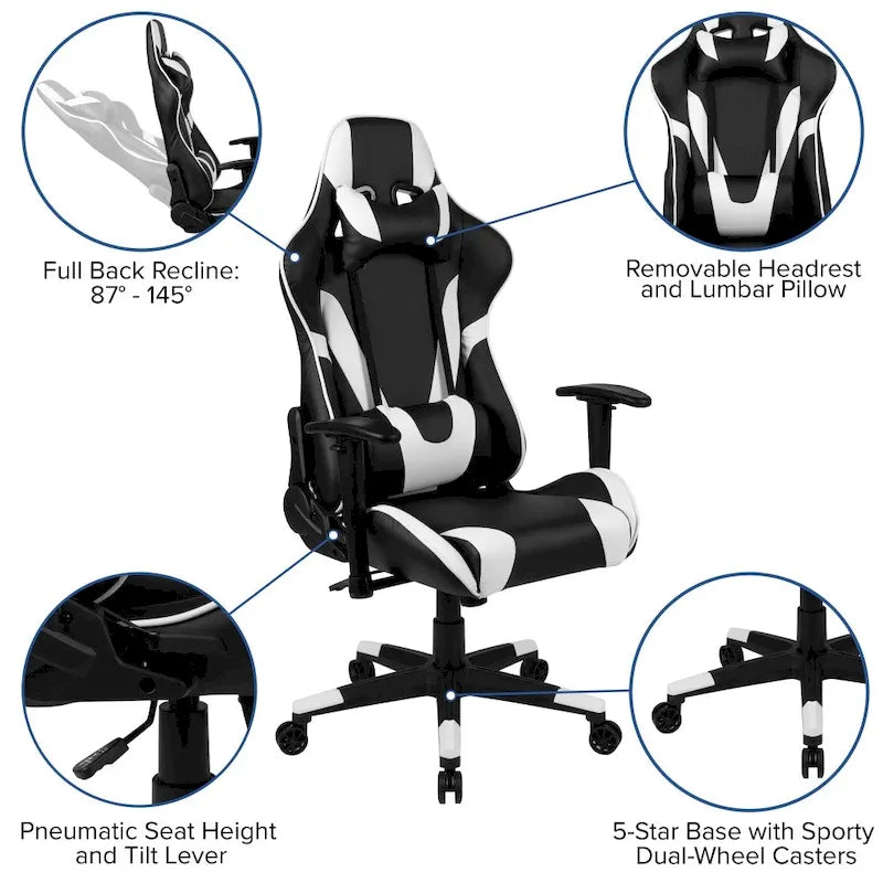 Chaise de jeu ergonomique de course avec dossier entièrement inclinable en similicuir rouge