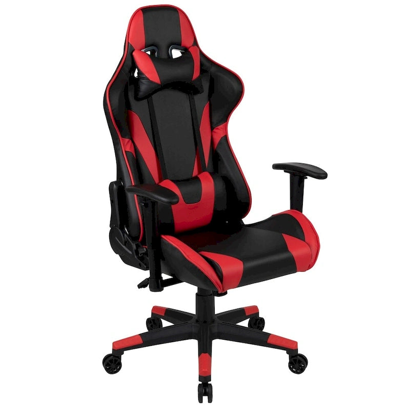 Chaise de jeu ergonomique de course avec dossier entièrement inclinable en similicuir rouge
