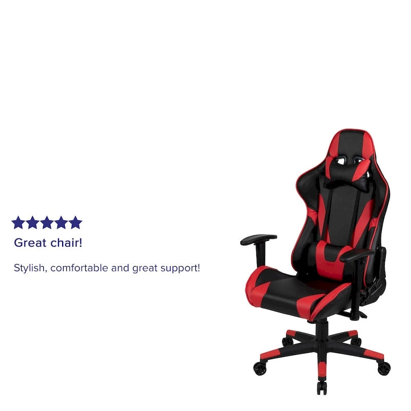 Chaise de jeu ergonomique de course avec dossier entièrement inclinable en similicuir rouge