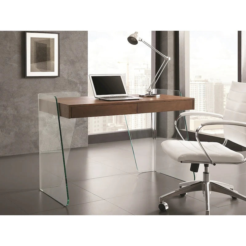 Bureau ARCHIE avec plateau en verre transparent.