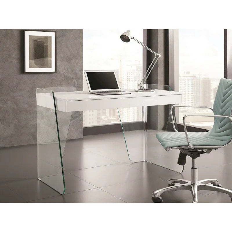 Bureau ARCHIE avec plateau en verre transparent.