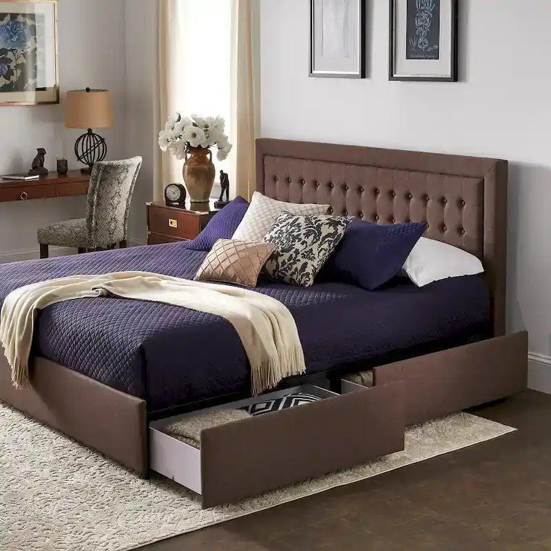 Lit plateforme de rangement avec tête de lit capitonnée en lin Arlert par iNSPIRE Q Classic