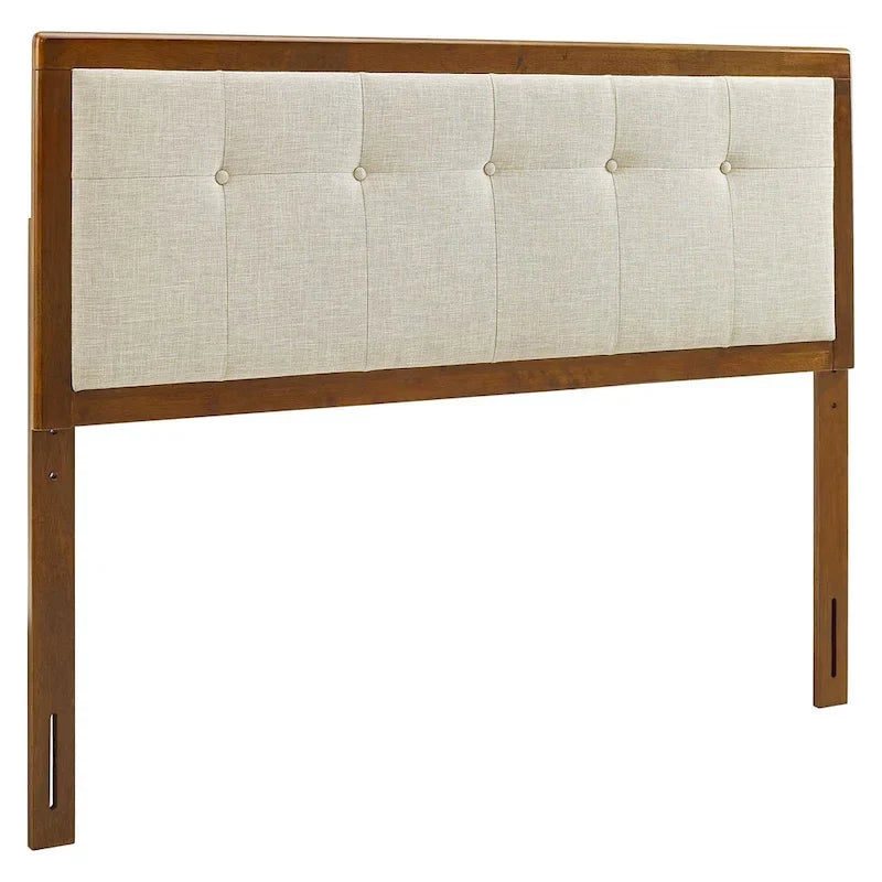 Tête de lit Queen Size Marlin traditionnelle en tissu beige capitonnée en bois de noyer