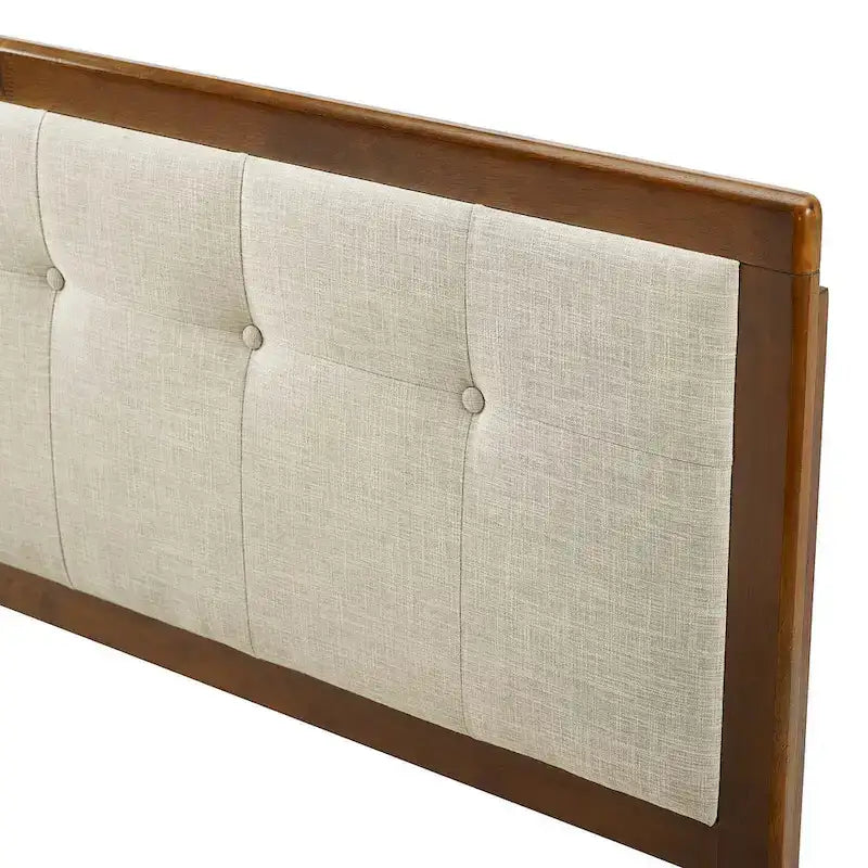Tête de lit Queen Size Marlin traditionnelle en tissu beige capitonnée en bois de noyer