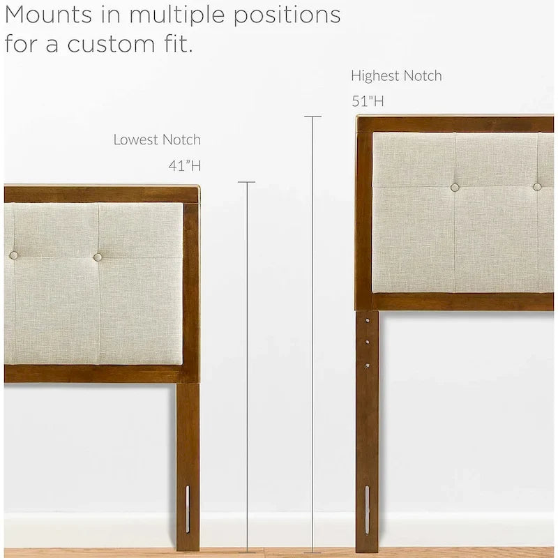 Tête de lit Queen Size Marlin traditionnelle en tissu beige capitonnée en bois de noyer