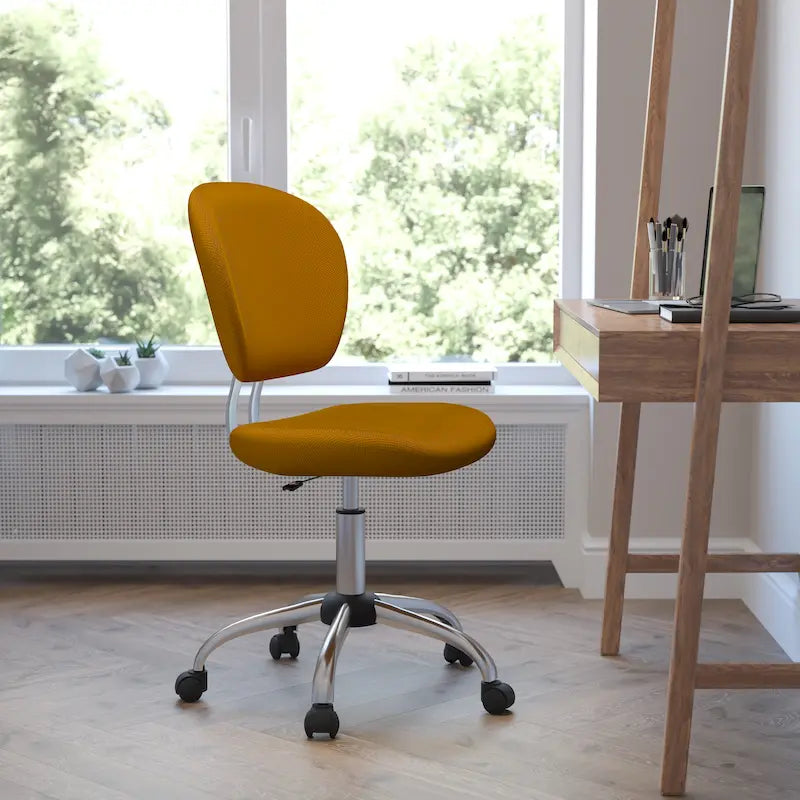 Chaise de bureau pivotante à roulettes, dossier mi-hauteur en maille filet, rembourrée, avec piètement chromé