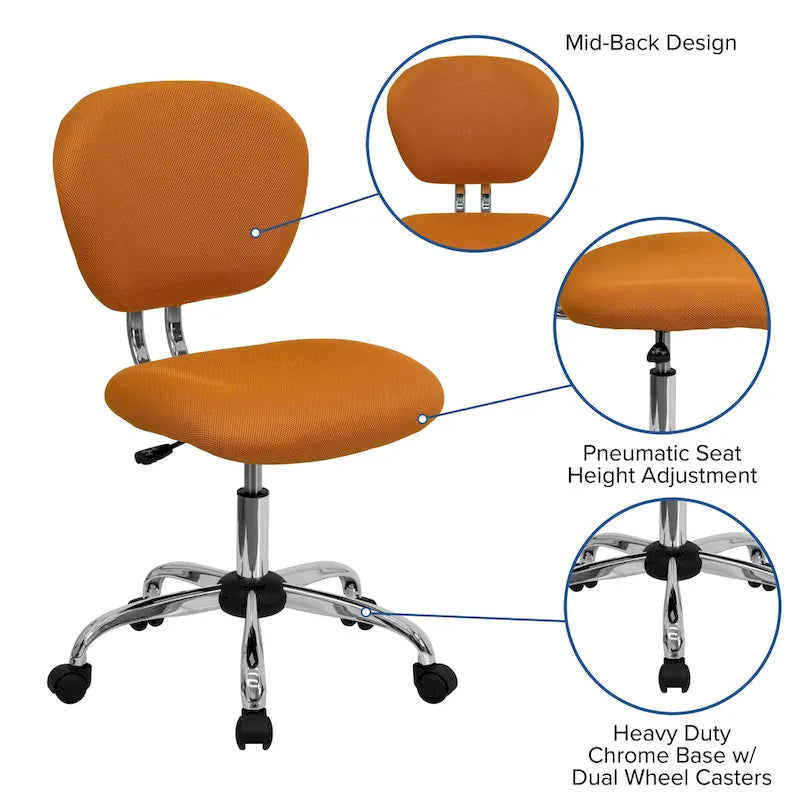 Chaise de bureau pivotante à roulettes, dossier mi-hauteur en maille filet, rembourrée, avec piètement chromé
