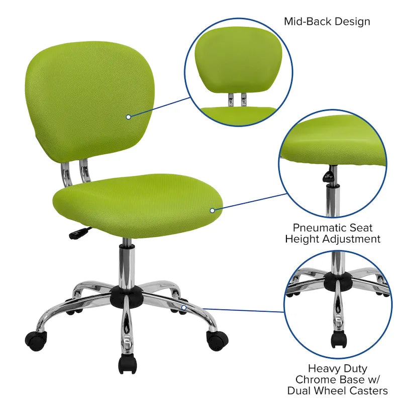 Chaise de bureau pivotante à roulettes, dossier mi-hauteur en maille filet, rembourrée, avec piètement chromé