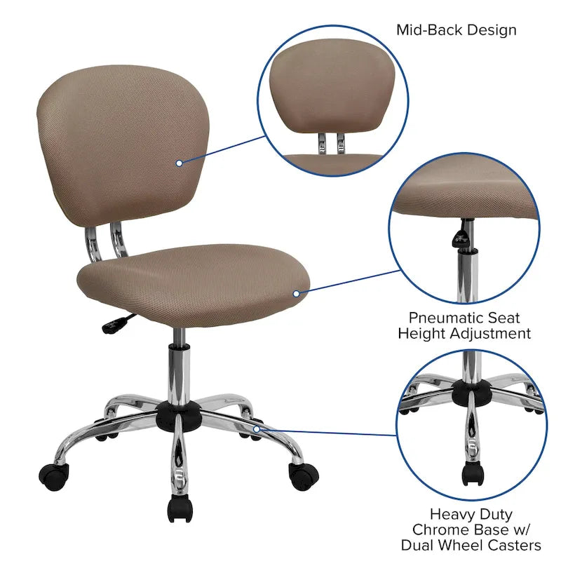 Chaise de bureau pivotante à roulettes, dossier mi-hauteur en maille filet, rembourrée, avec piètement chromé