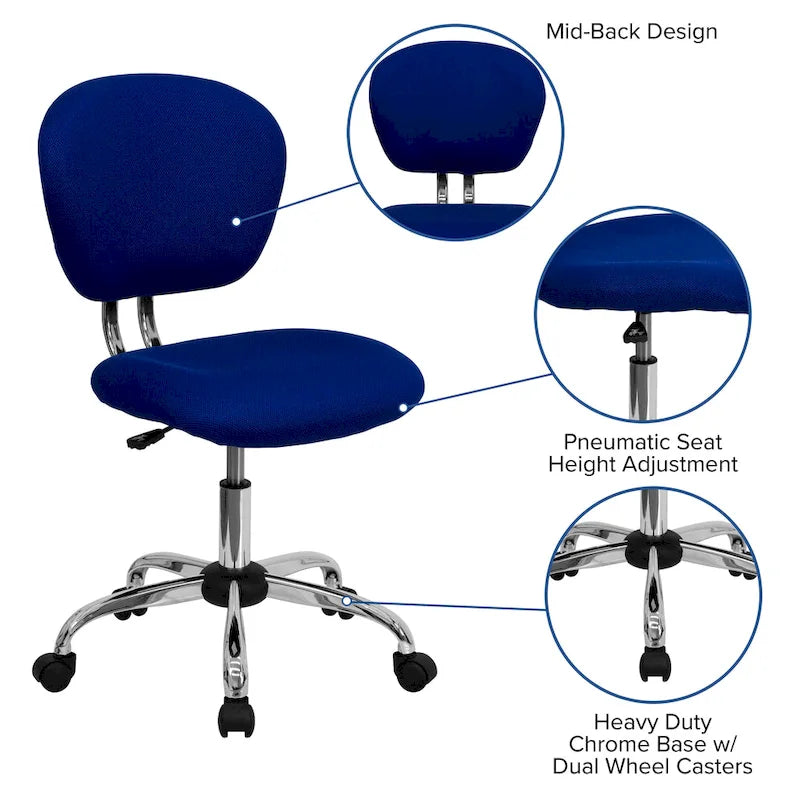 Chaise de bureau pivotante à roulettes, dossier mi-hauteur en maille filet, rembourrée, avec piètement chromé