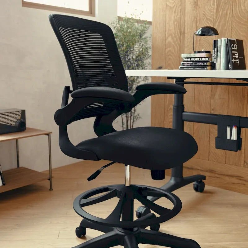 Chaise de bureau ergonomique mi-dossier en maille avec anneau repose-pieds et accoudoirs relevables