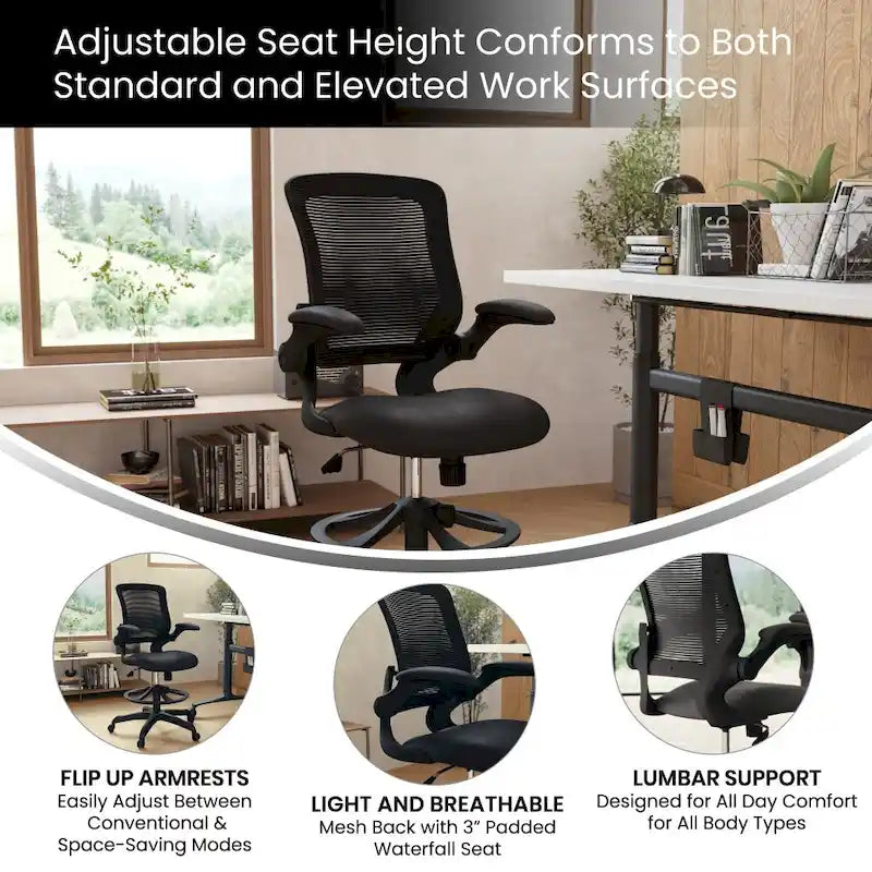Chaise de bureau ergonomique mi-dossier en maille avec anneau repose-pieds et accoudoirs relevables