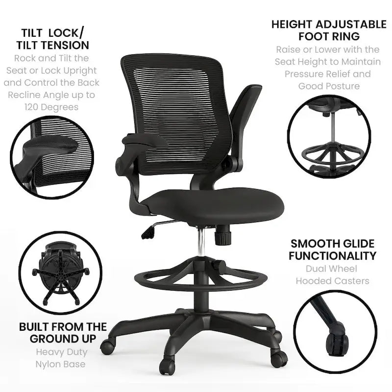Chaise de bureau ergonomique mi-dossier en maille avec anneau repose-pieds et accoudoirs relevables