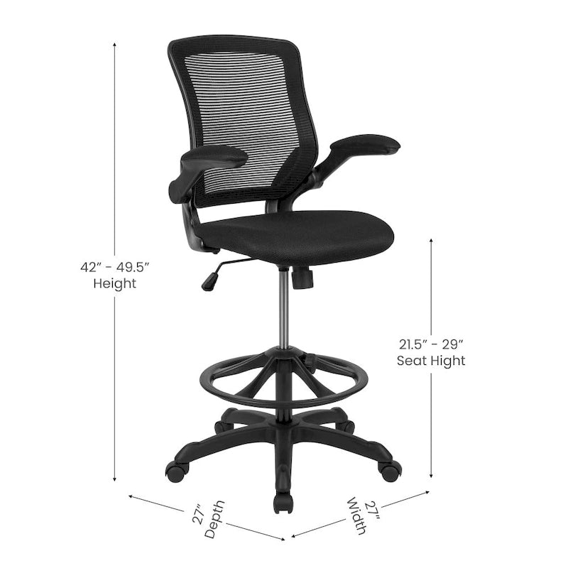Chaise de bureau ergonomique mi-dossier en maille avec anneau repose-pieds et accoudoirs relevables