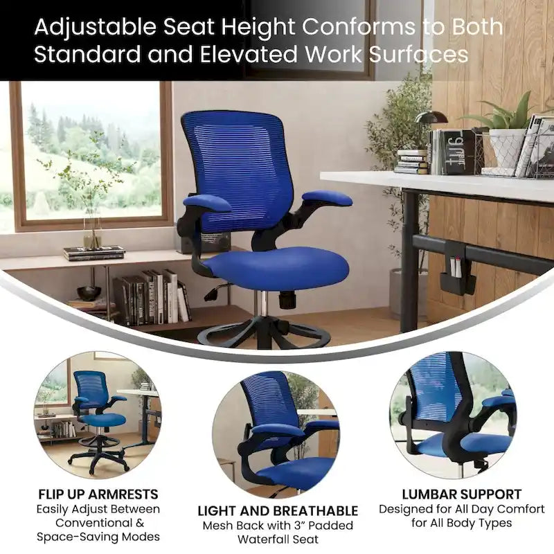 Chaise de bureau ergonomique mi-dossier en maille avec anneau repose-pieds et accoudoirs relevables